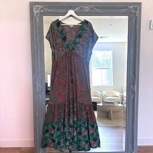 Karma Highway Mixed Pattern Patchwork V Neck Tassel Tie Waist Tiered Maxi Dress